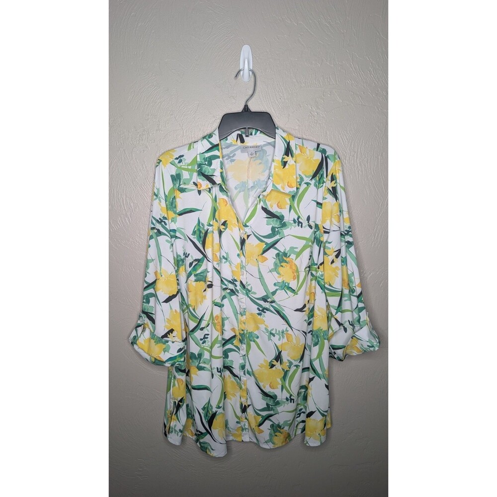 Catherines Womens Plus 1X Yellow Green White Floral V-Neck Button Front Shirt